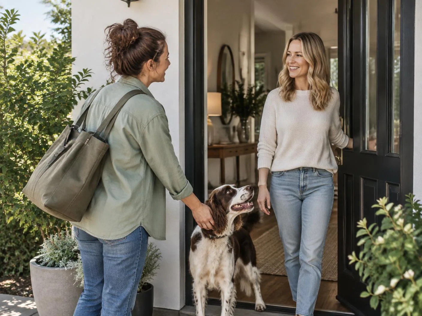 Sophie meeting a pet owner and their spaniel at the front door
