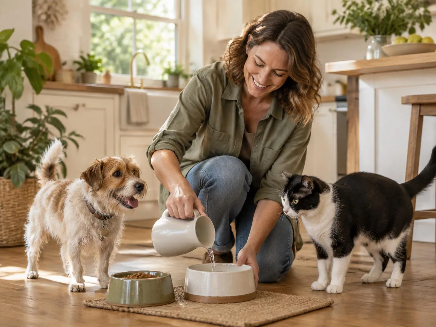 Pet sitter refreshing water for a dog and cat during a home visit