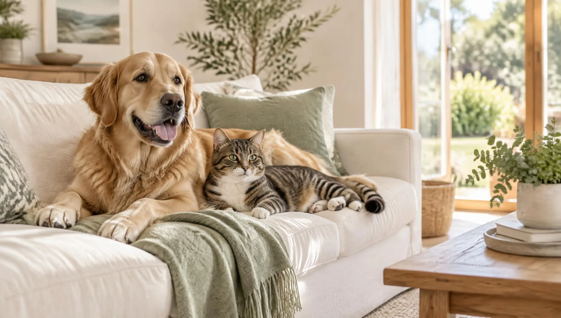 Dog and cat relaxing together in their familiar home