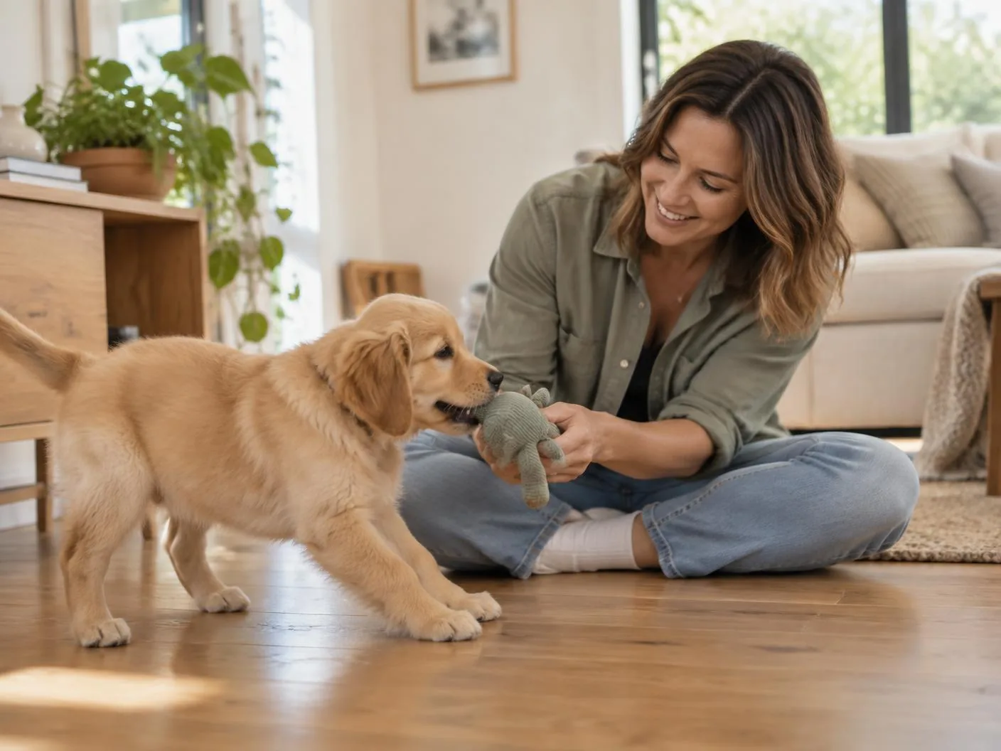 Pet sitter playing gently with a golden retriever puppy during a home visit