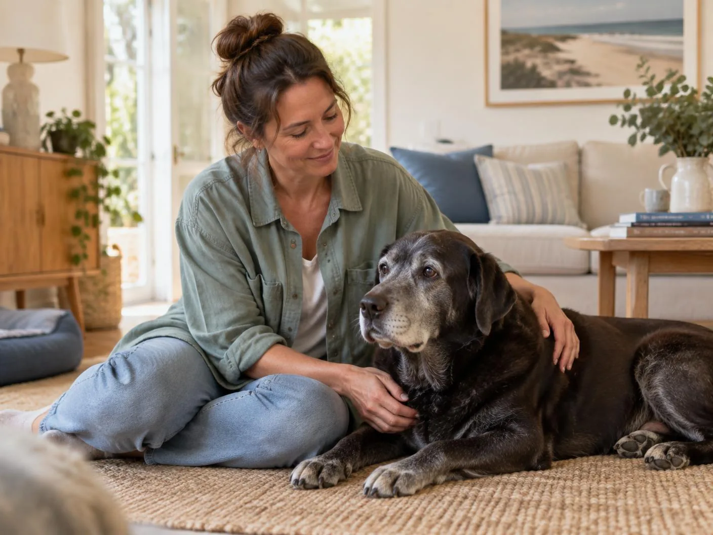 Senior Labrador receiving calm companionship from a pet sitter at home