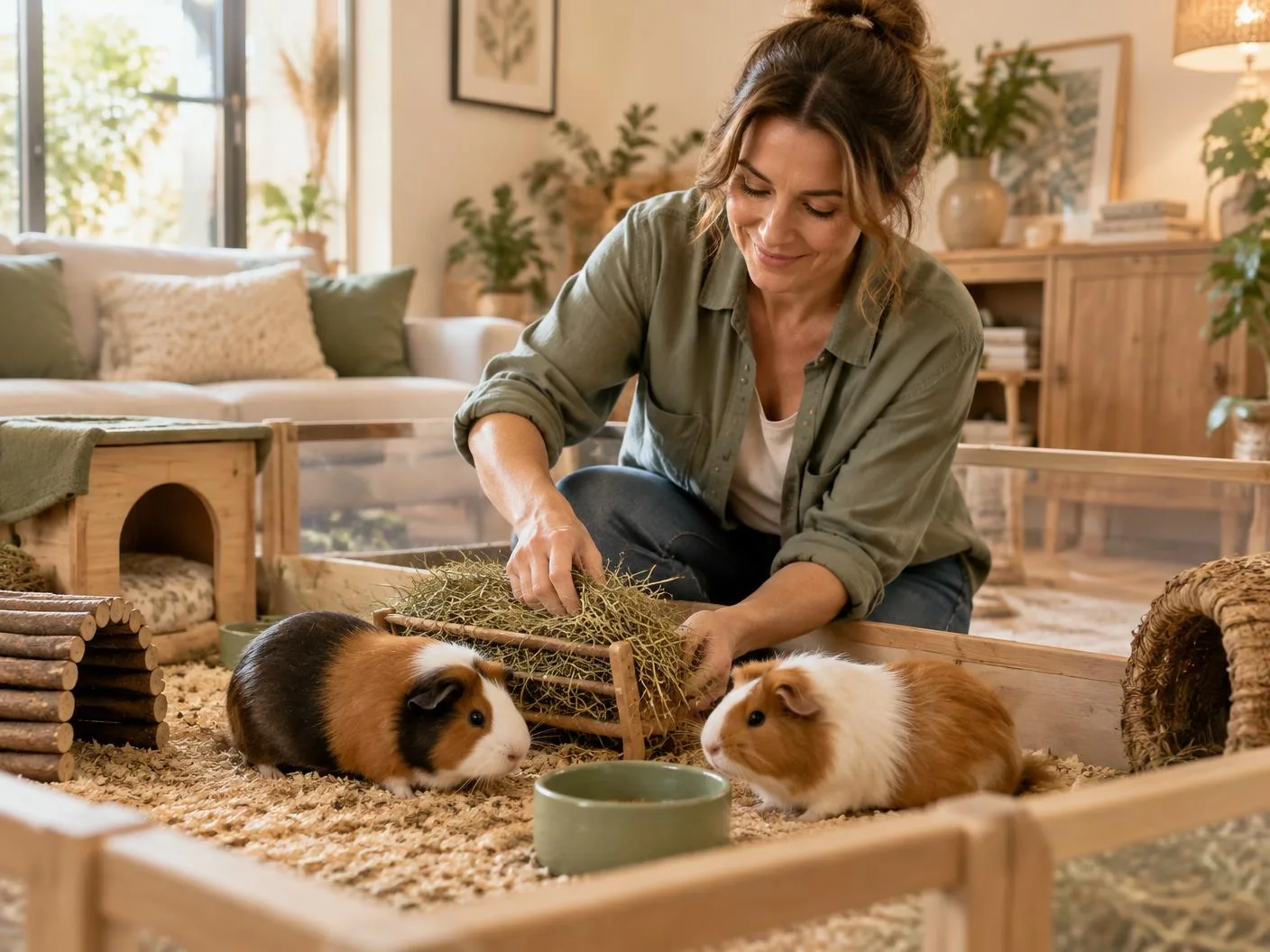 Pet sitter refreshing hay for two guinea pigs in a clean home enclosure